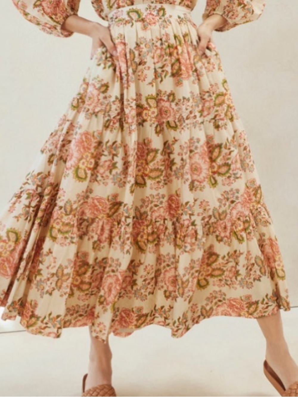 Loefflar Randall Skirt Laramie Midi Cotton Tiered in Orange Cream Floral